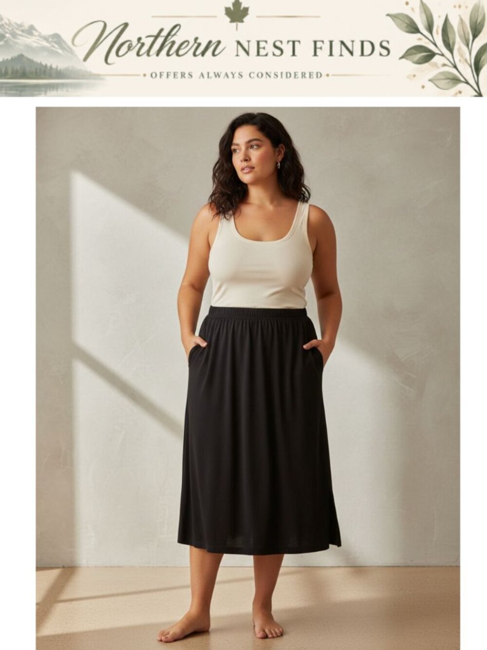 Pull-On Knit Midi Skirt Rayon Stretch Jersey Slim Fit Slit Hem